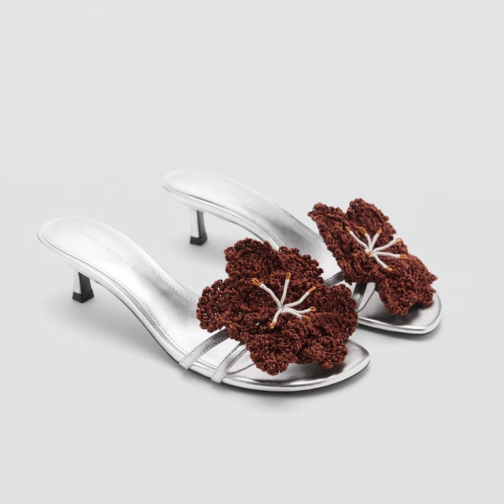 MANGO Leather Heeled Sandals with Flower